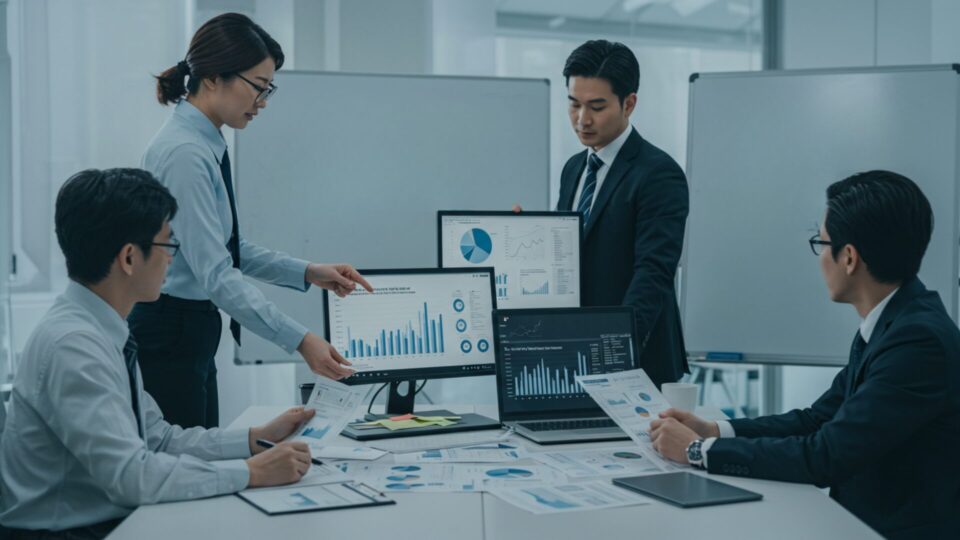グラフを見せながら説明する2人とそれを聞く2人の画像