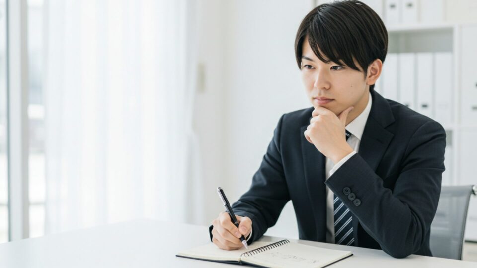 ノートを開いて考える男性の画像