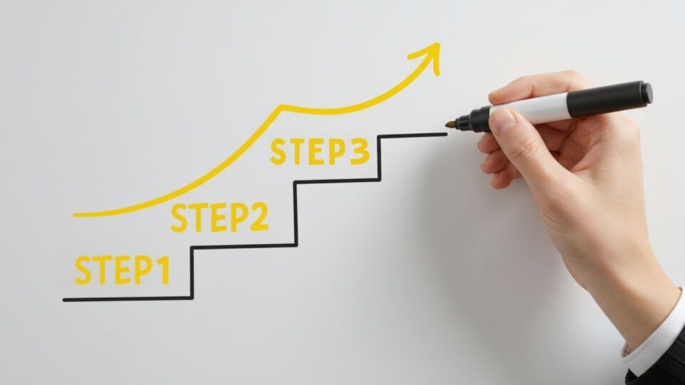 STEP1,2,3が階段上に書かれている画像