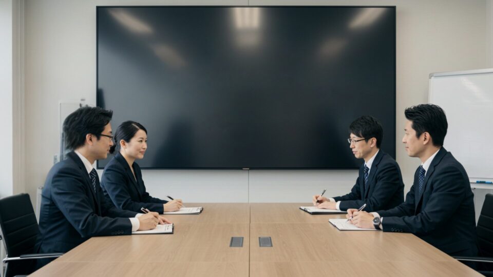 4人で会議をしている画像