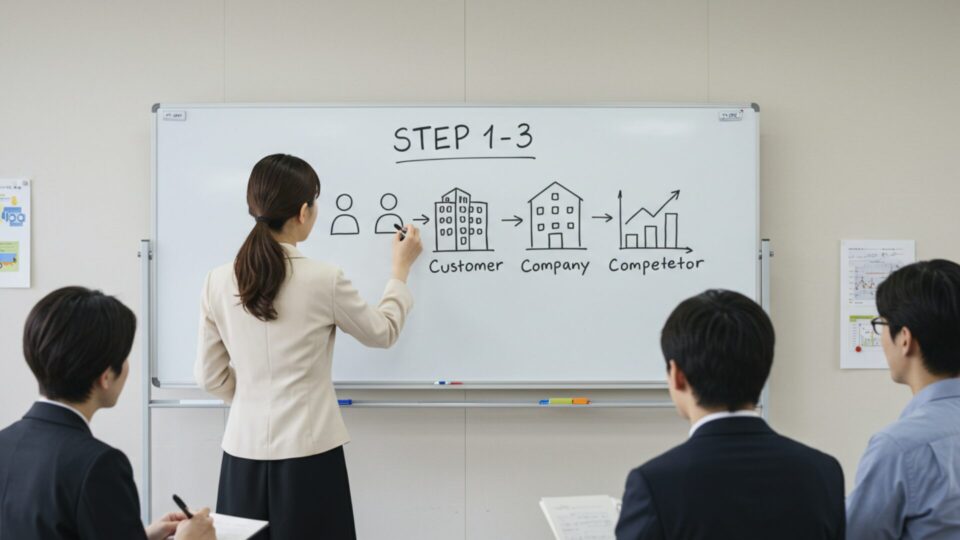 3C分析について説明している女性の画像