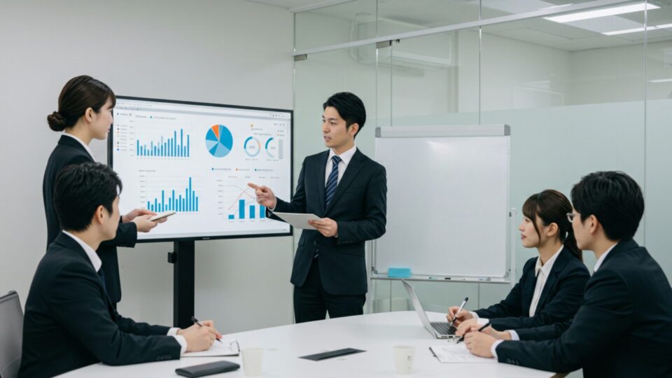 グラフについて説明している2人とそれを聞いている3人の画像