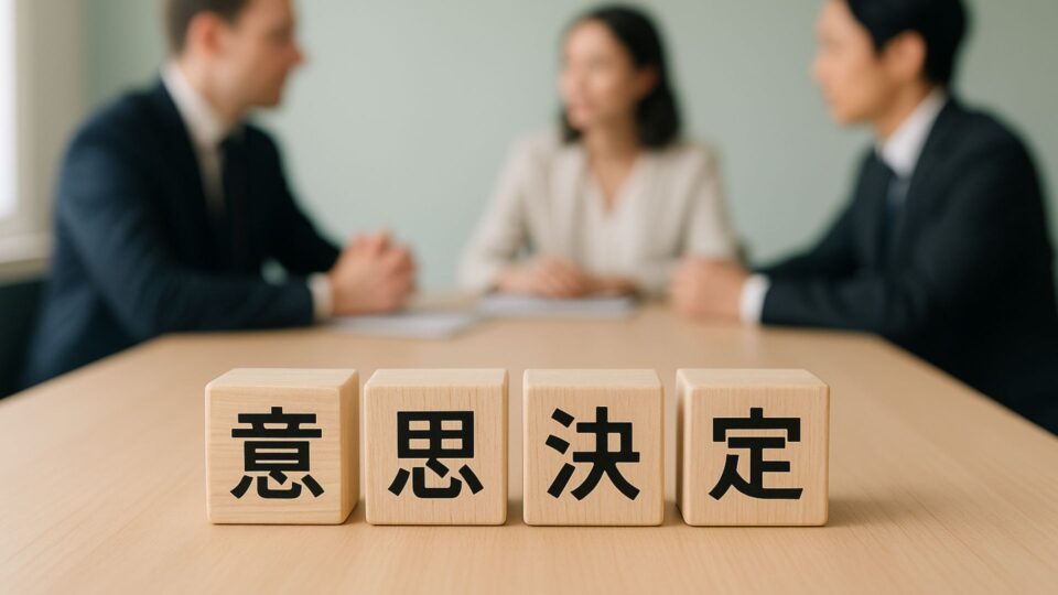 「意思決定」と書かれたブロックの背後で会議が行われている画像