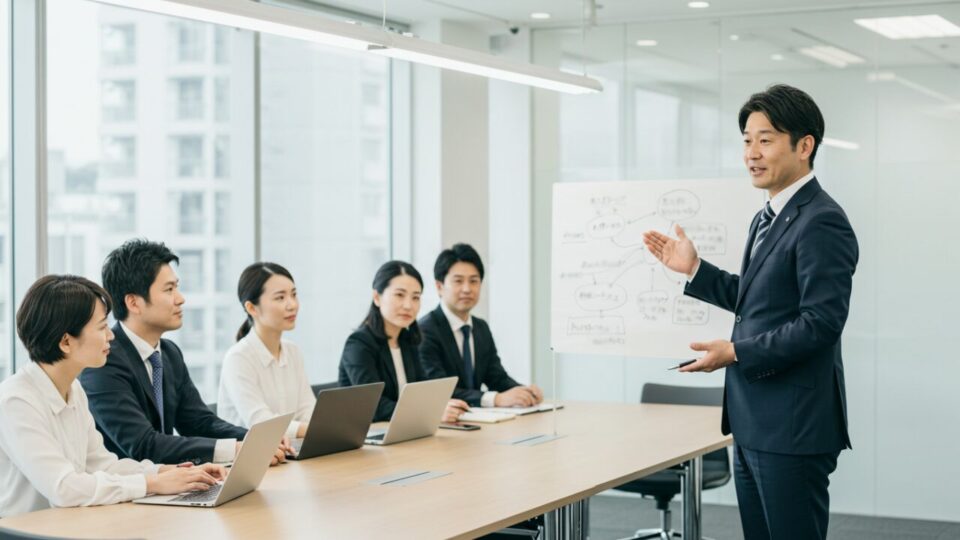 会議で発言する男性の画像