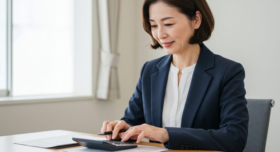 電卓をたたく女性の画像