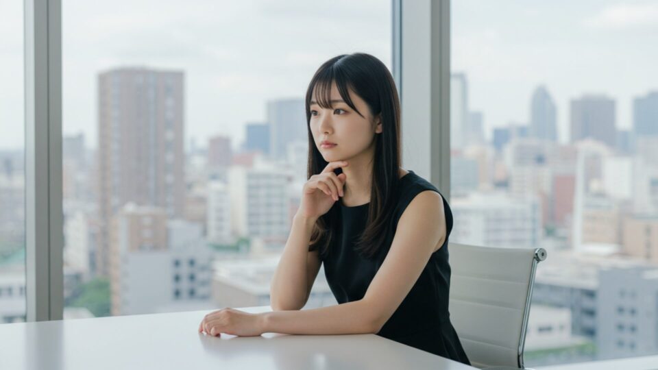 座って考えている女性の画像