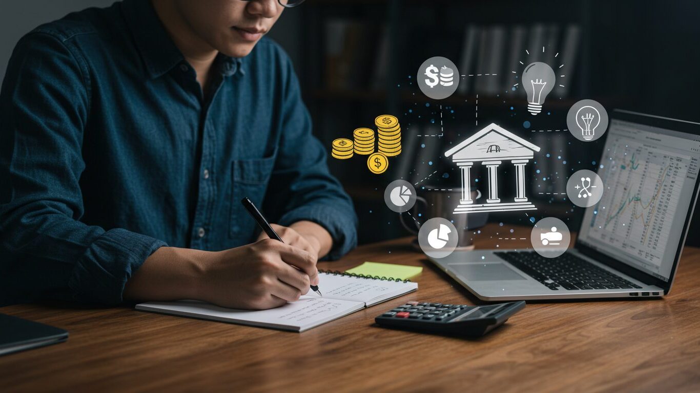 ノートにメモを取りながらパソコンで金融・ビジネス関連のデータを確認する男性。画面の周囲には銀行や投資、アイデアを象徴するアイコンが浮かんでいる画像