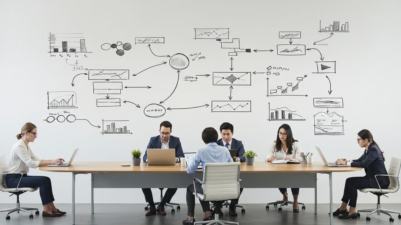 会議室で資料を見ている会社員たちの画像