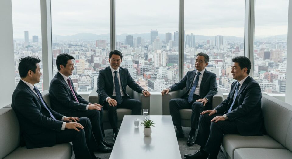 会議をする5人の男性の画像