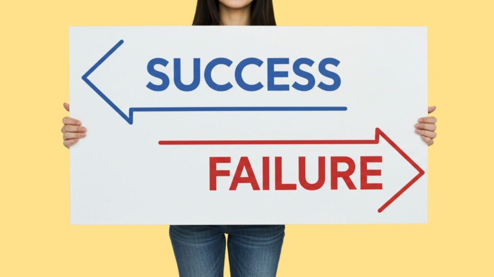 「SUCCESS」と「FAILURE」と書かれたフリップを持った人の画像