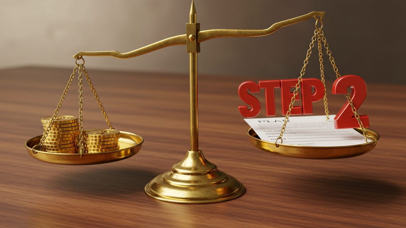 金色の天秤でコインと「STEP 2」と書かれた書類がバランスを取っている画像