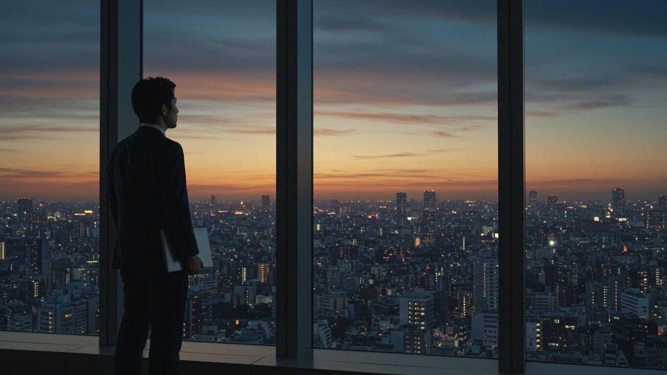 夕暮れの都市を高層ビルから見つめるスーツ姿の男性