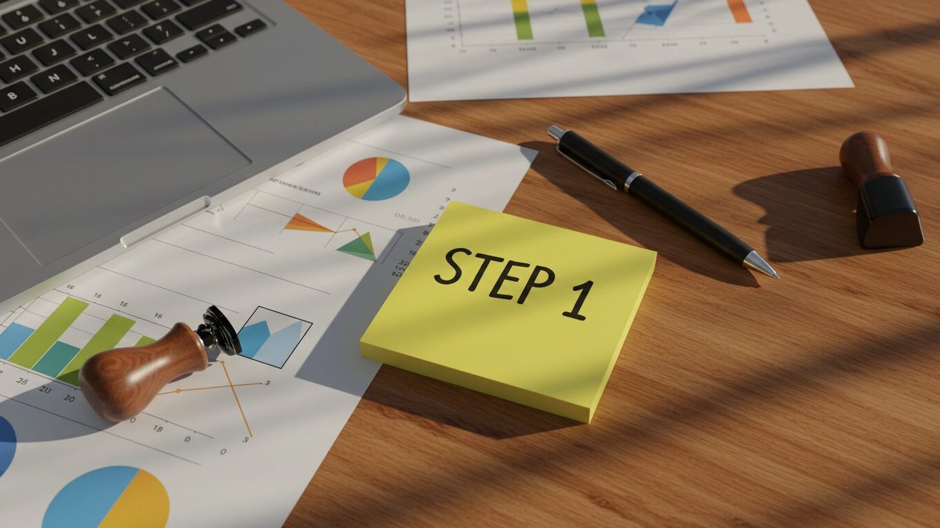 起業準備の資料やパソコンと「STEP 1」のメモが置かれた木製デスクの画像