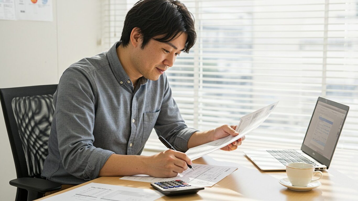 補助金申請の書類を確認しながら記入する男性の画像