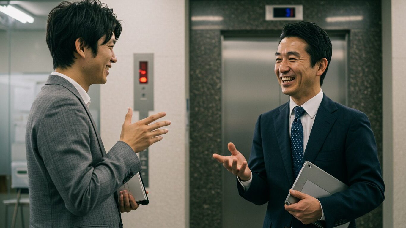 エレベーター前で笑顔で会話するスーツ姿のビジネスマン2人