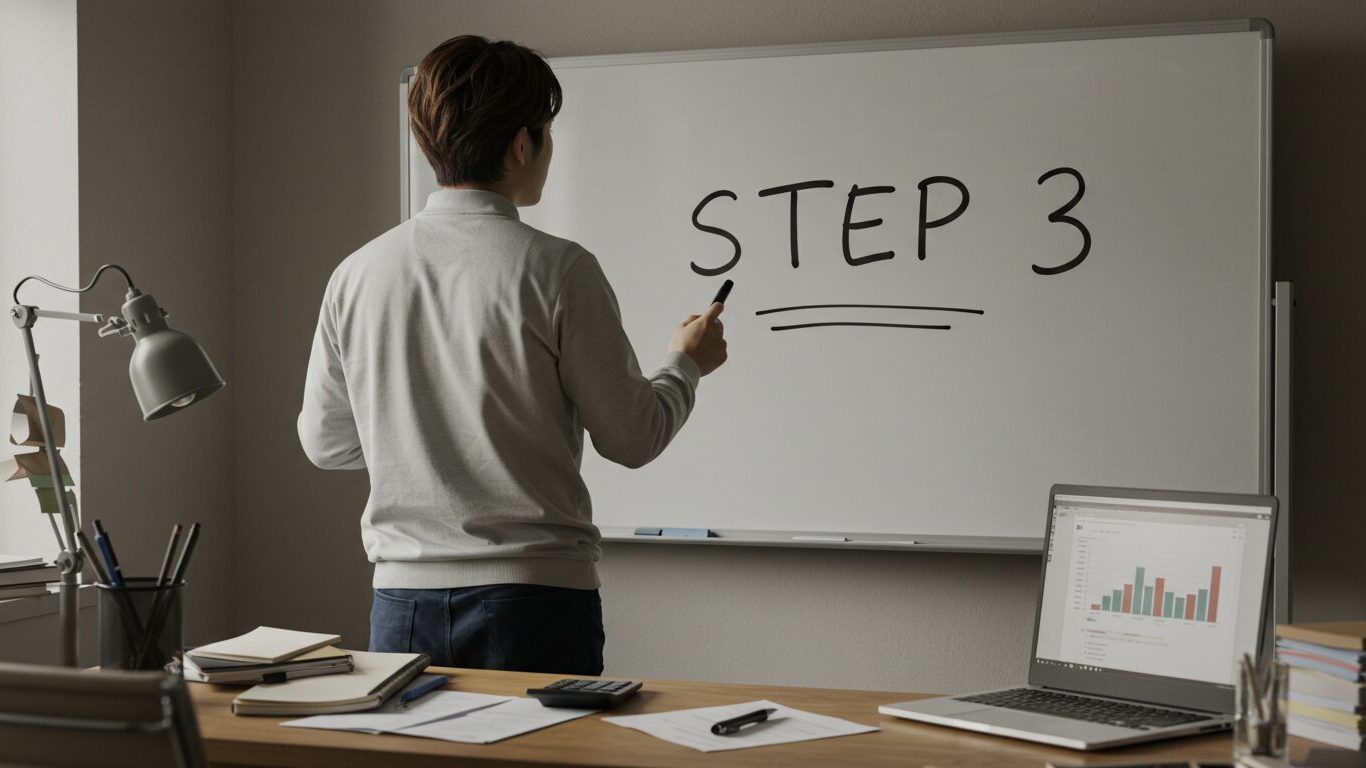 「STEP 3」と書かれたホワイトボードの前に立つ人物とデスク上のノートパソコンや資料の画像