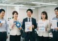 ビジネス資料を持って笑顔で並ぶ5人の会社員