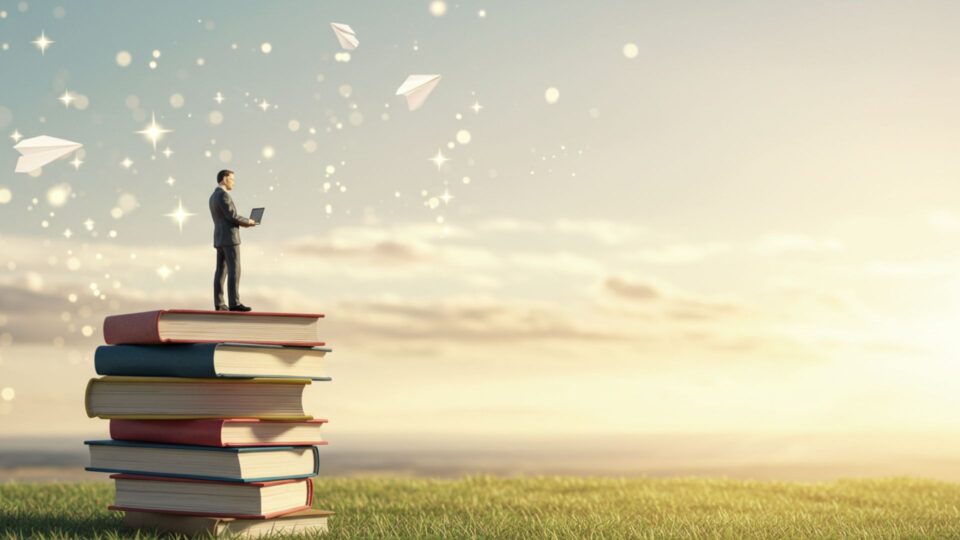 本の上でPCを操作する人物と、空に舞う紙飛行機と光の画像