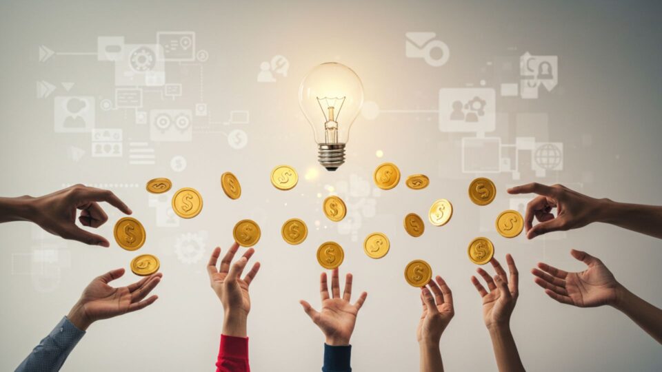 アイデアの象徴である電球に向かって資金が集まる様子を表現した画像