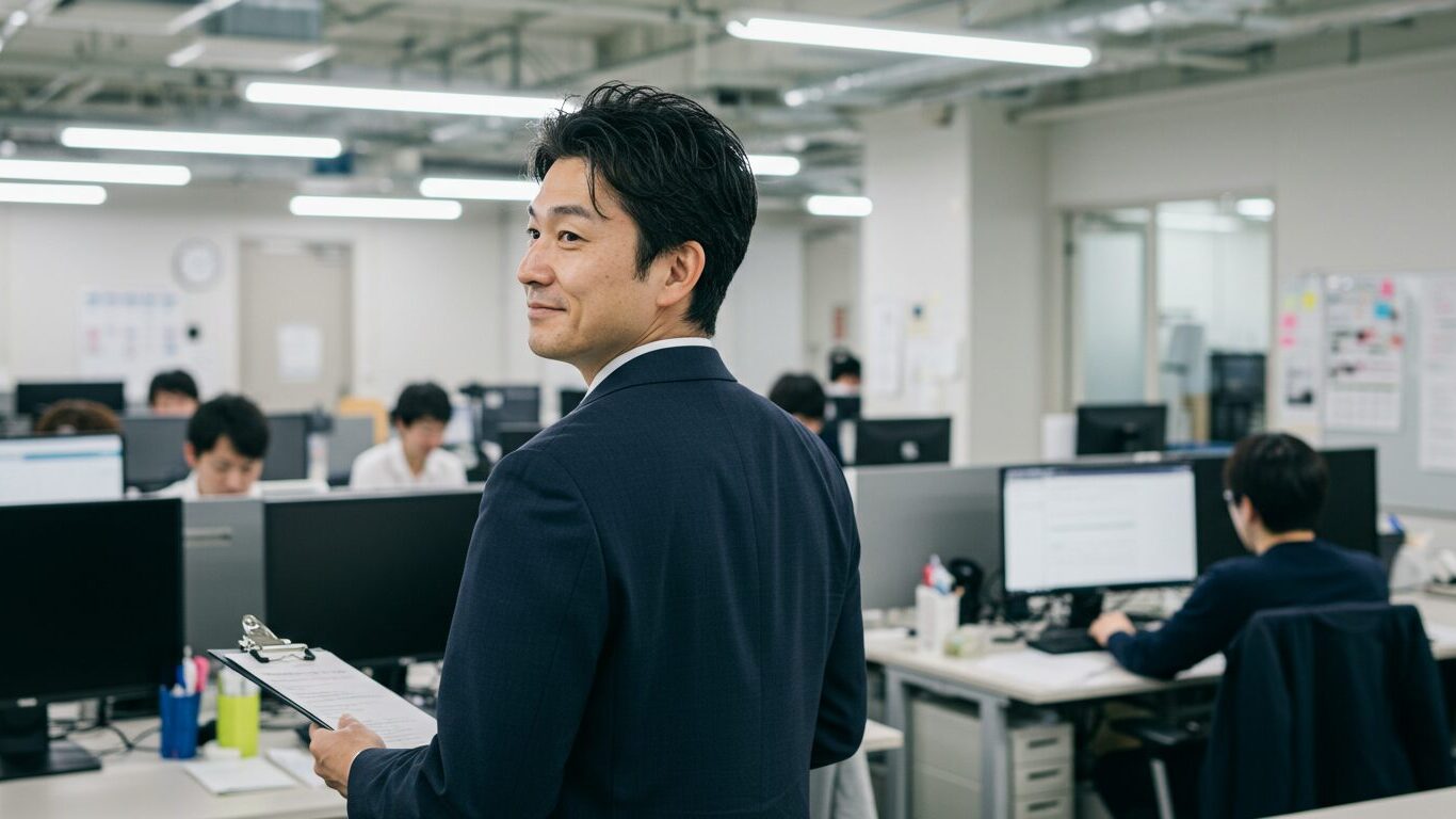 オフィス内で部下の働きぶりを見守るスーツ姿の男性