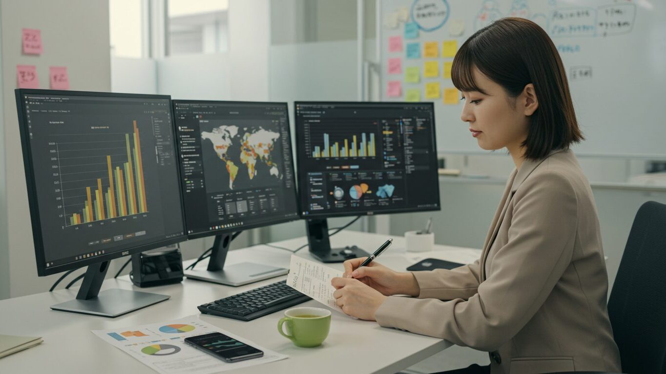 3画面のデータを見ながら分析メモを取るスーツ姿の女性