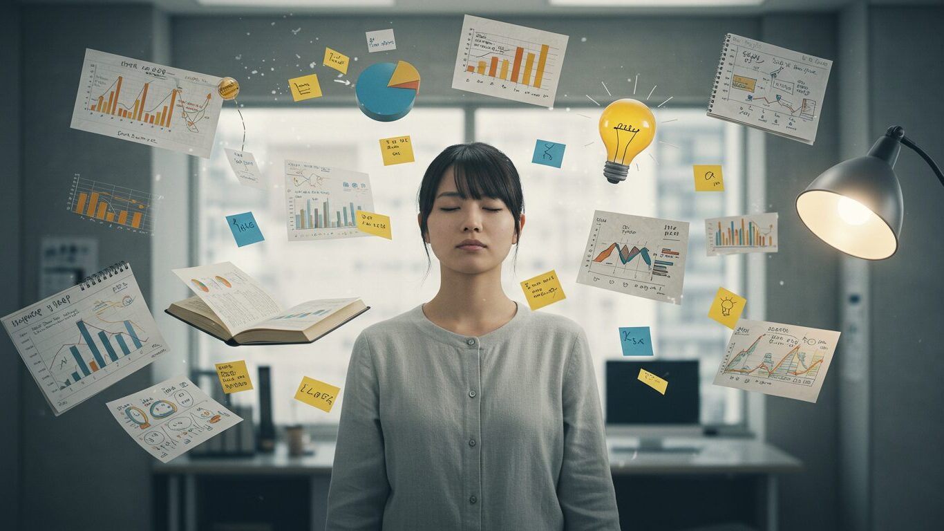 目を閉じて思考する女性の周囲に、グラフやメモ、電球のイメージが浮かんでいる画像