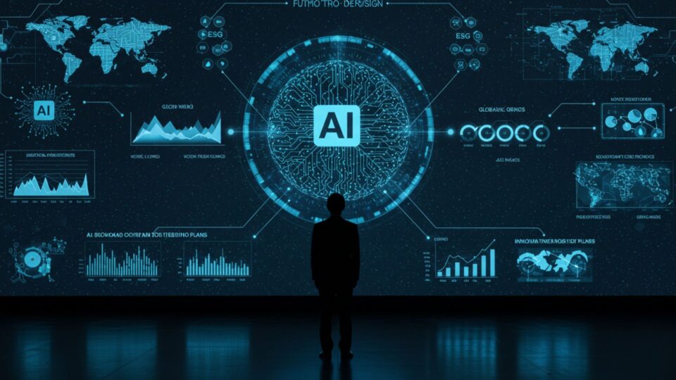 AIとデータ可視化による未来志向の事業分析を描いた画像