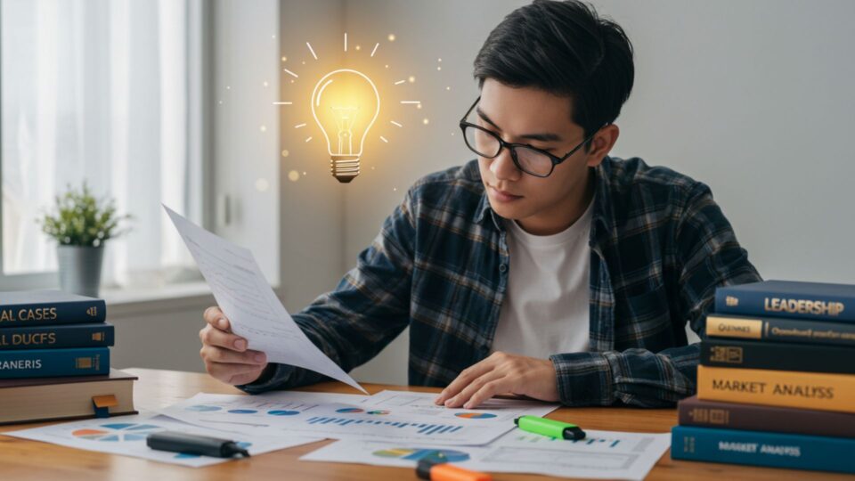 経営学の本を読みながら学習する学生とひらめきの電球の画像