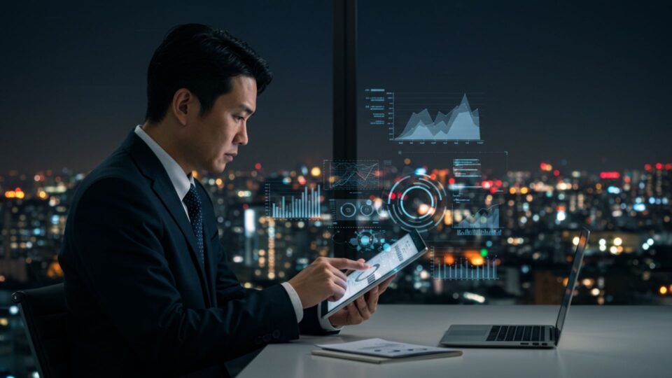 夜景を背景に環境分析データを確認するビジネスマンの画像