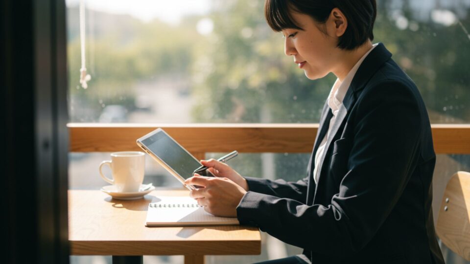 カフェでタブレットとノートを使いながら学習する女性の画像