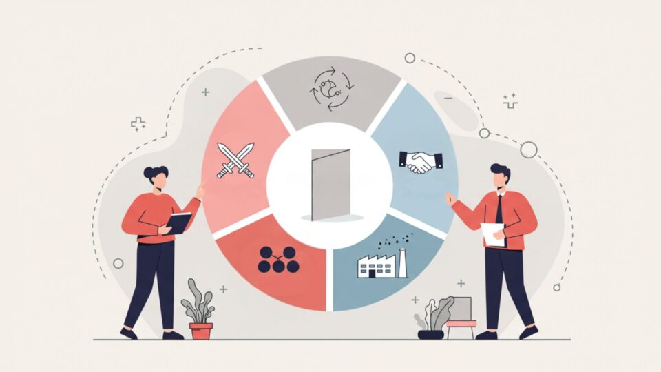 2人のビジネスマンが図を指し示しているイラスト