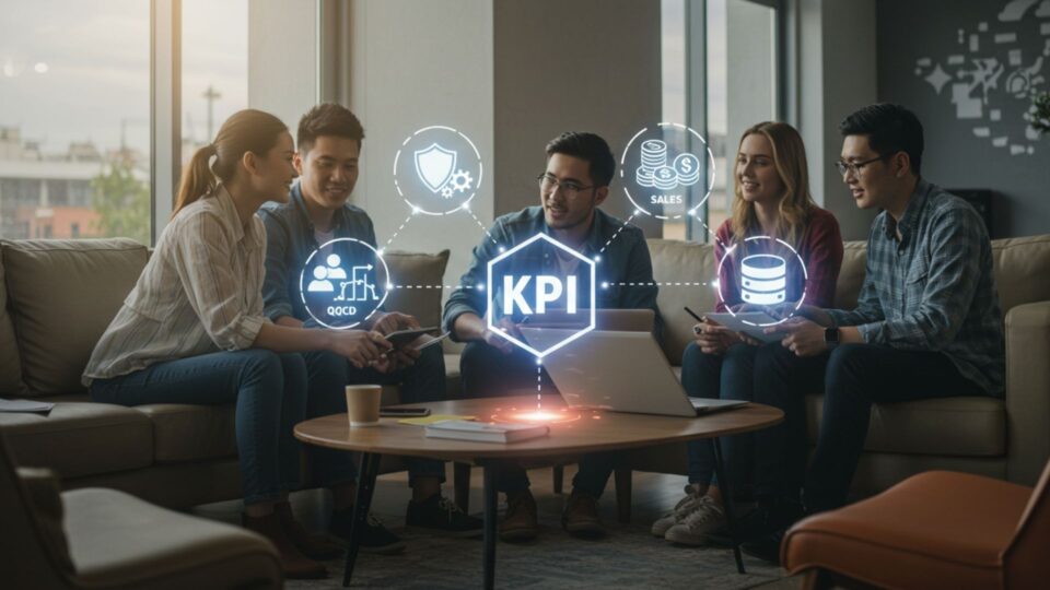 ソファに座った5人の若者がノートPCを囲み、KPIのホログラムを見ながら議論している画像