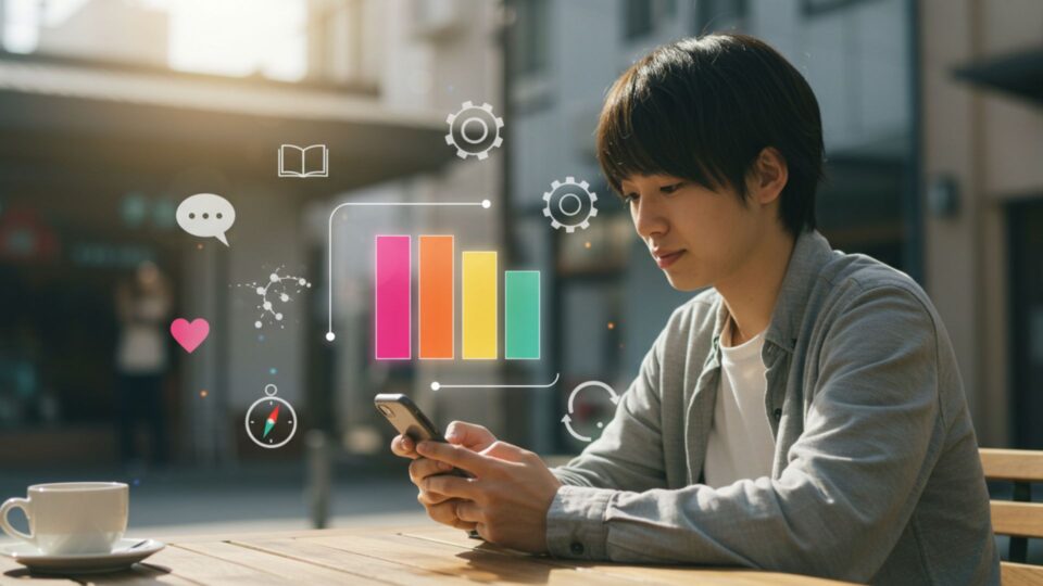スマホを見る若者とカラフルな情報アイコンの画像