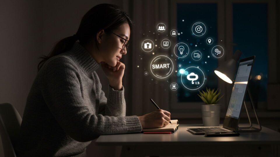 夜間にSMART目標を考える女性とデジタルアイコンの画像