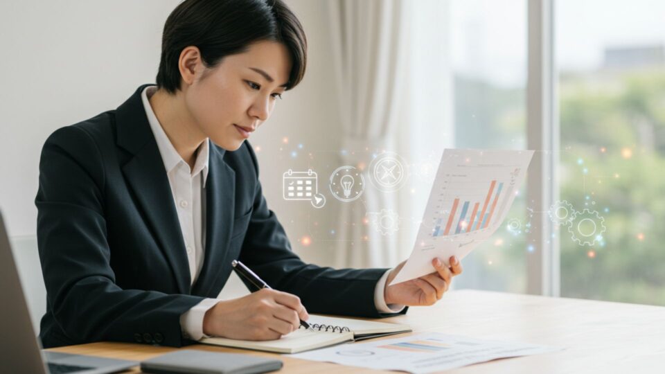 資料を見ながら分析する女性ビジネスパーソンの画像