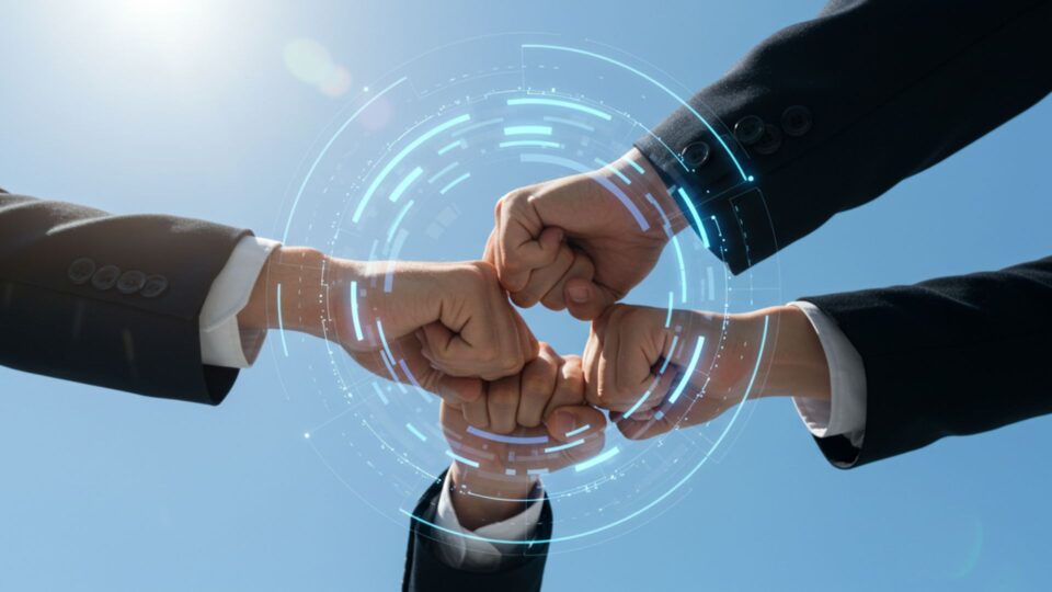 青空の下、スーツ姿の4人が拳を突き合わせ団結を示している画像