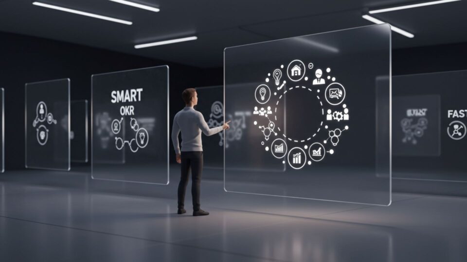 SMARTやOKRなどのフレームワークを選択するビジネスパーソンの未来的な操作画面の画像