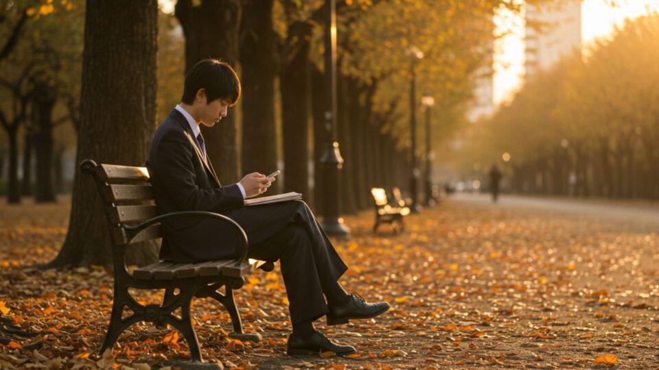 秋の公園でスマホを見ながら考え込むスーツ姿の若い男性の画像