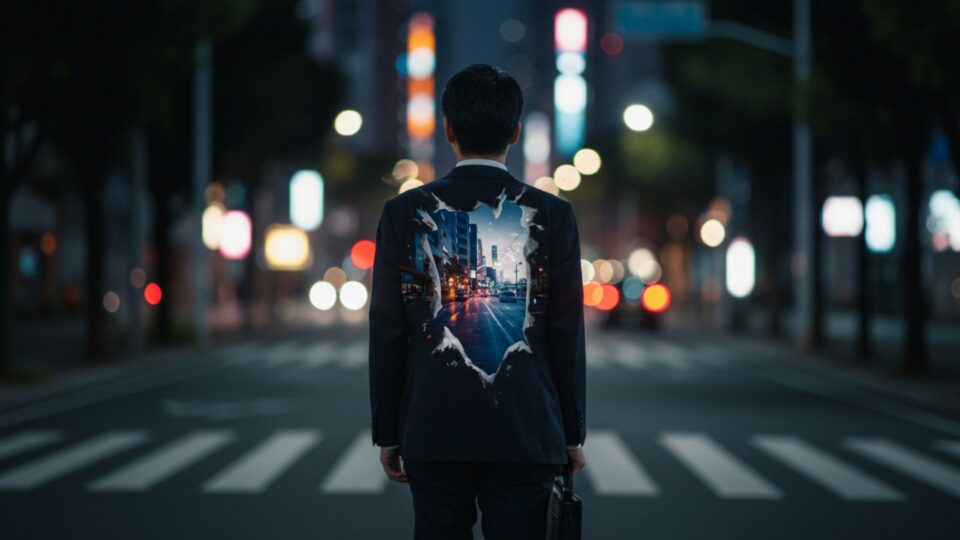 夜の交差点に立つスーツ姿の男性。背中に都市の風景が映し出されている画像