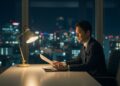 夜のオフィスで書類を見つめるスーツ姿の経営者の画像
