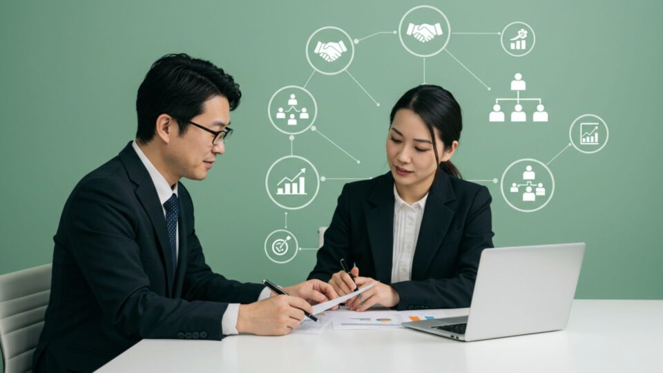 スーツ姿の男女が机で打ち合わせをしている様子