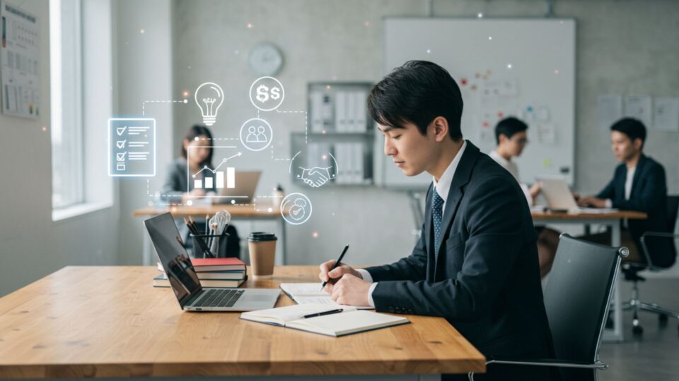 オフィスで学習に集中する社会人の画像