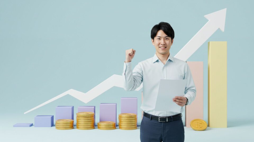 成長を象徴するグラフとコインの前でガッツポーズするビジネスマン