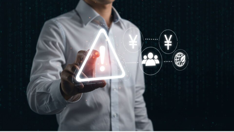 警告マークを示す人物とAI活用の注意点を表すアイコン画像