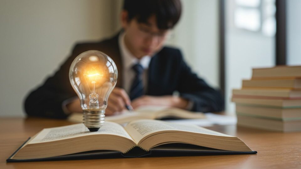 机の上の本から光る電球が立ち上がり、背景で学ぶビジネスマンの画像