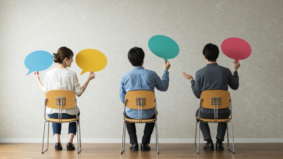 椅子に座った3人がカラフルな吹き出しを掲げている画像