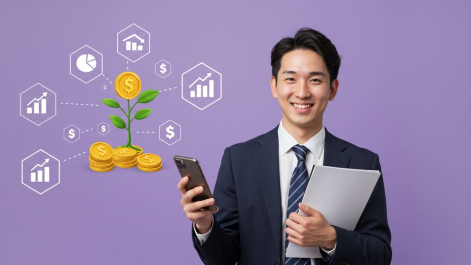コインと成長グラフの前で笑顔のビジネスマン