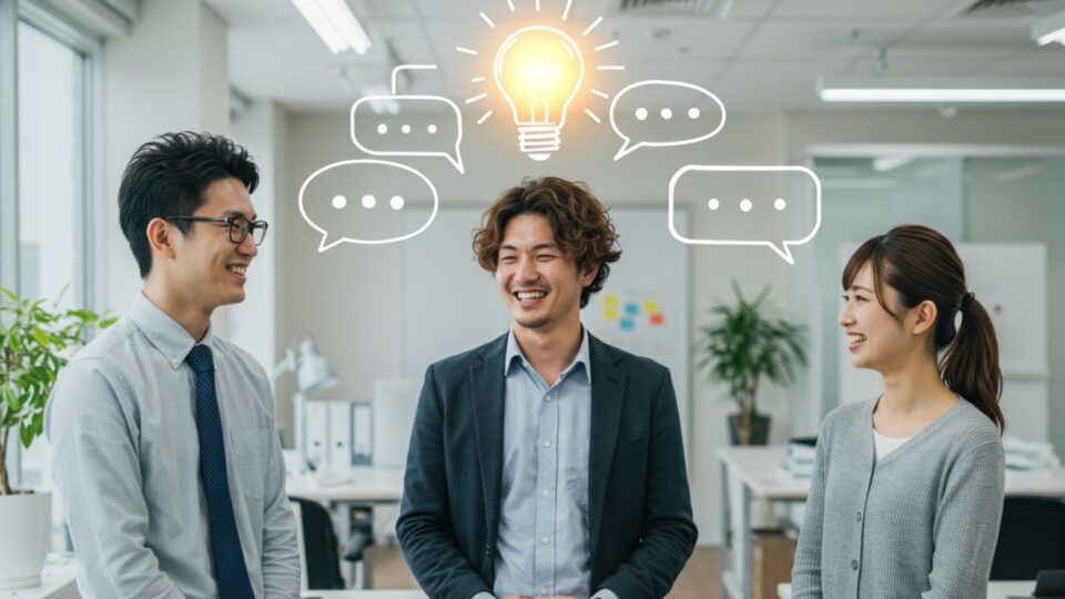 オフィスで3人の若手社員が笑顔で会話し、上に電球と吹き出しのイラストが描かれている画像
