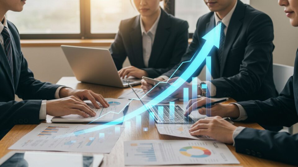 成長企業のチームがデータ分析を基に議論している様子の画像