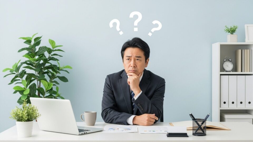 オフィスで考え込むスーツ姿の男性の画像